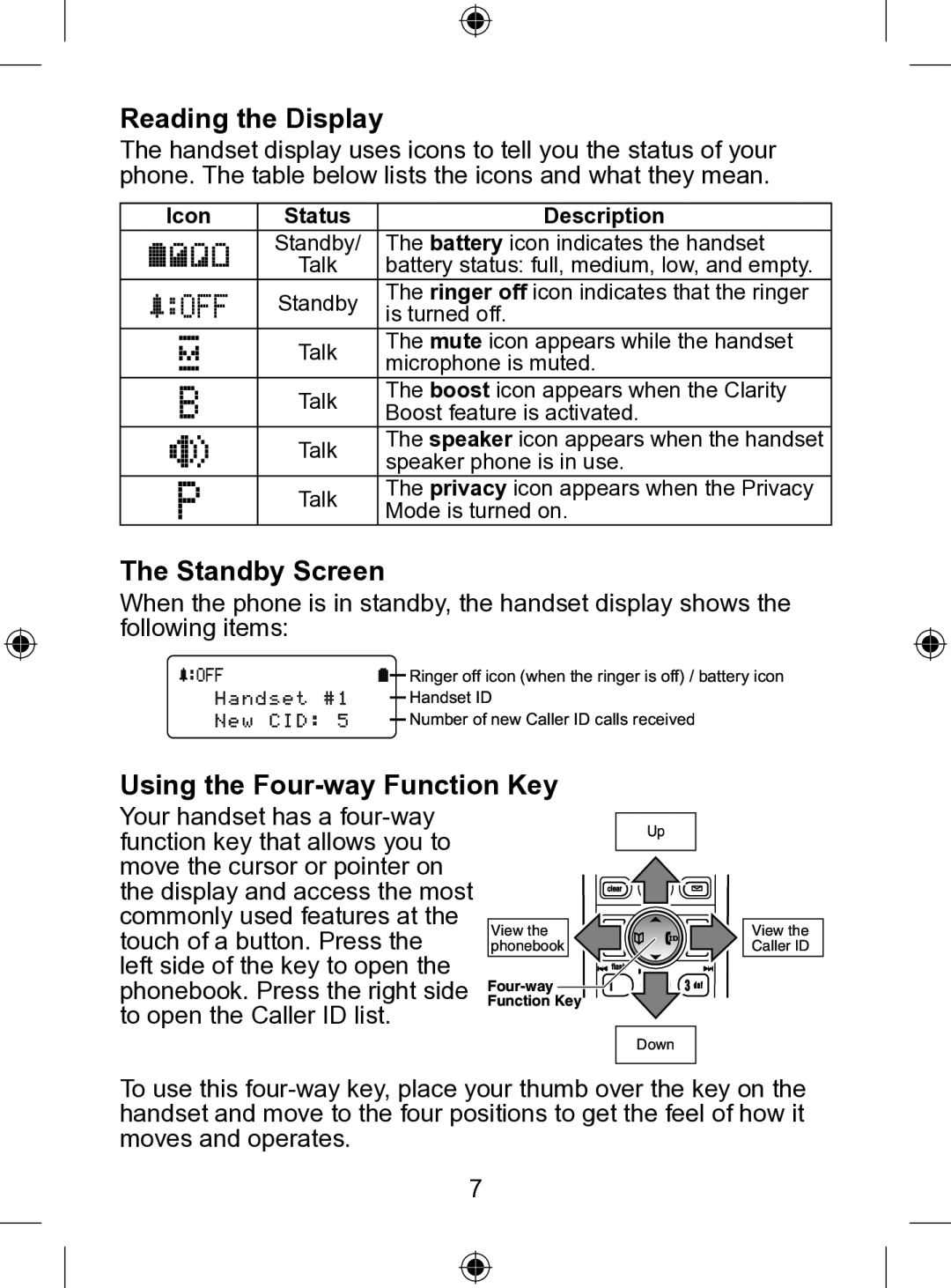 Uniden WDSS 5305 owner manual Reading the Display, Standby Screen, Using the Four-way Function Key, Description 