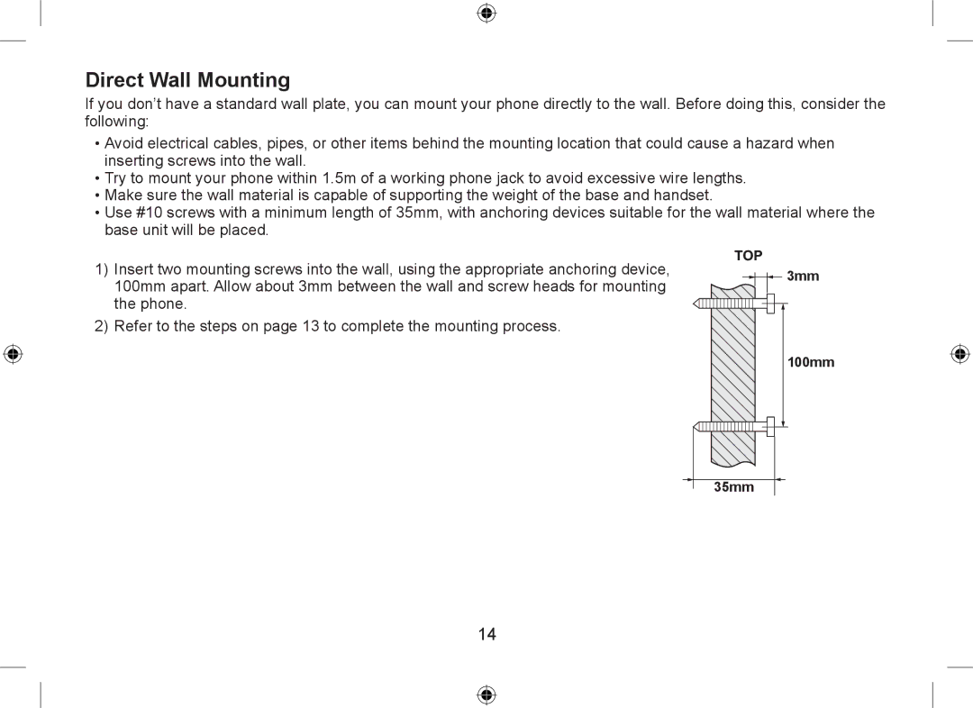 Uniden WDSS 5315 owner manual Direct Wall Mounting 