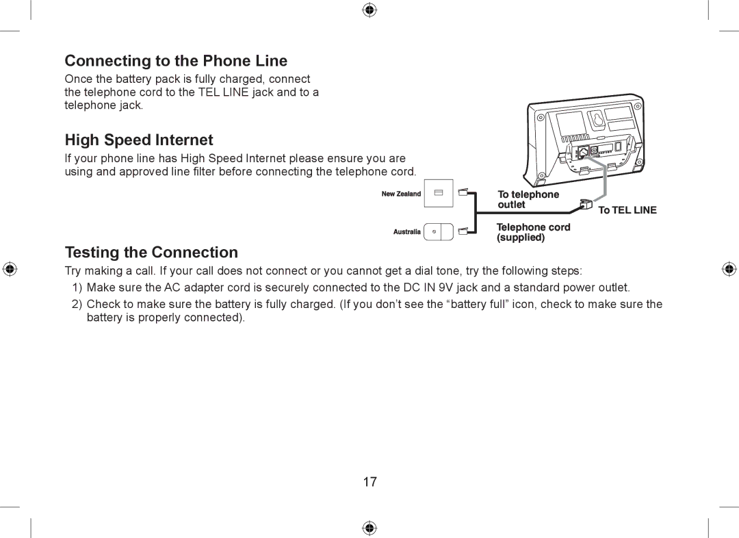 Uniden WDSS 5315 owner manual Connecting to the Phone Line, High Speed Internet, Testing the Connection 