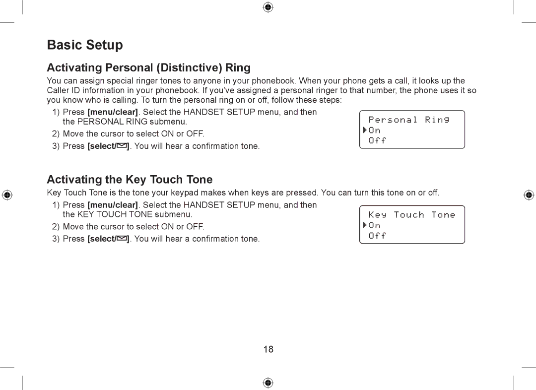 Uniden WDSS 5315 owner manual Basic Setup, Activating Personal Distinctive Ring, Activating the Key Touch Tone 