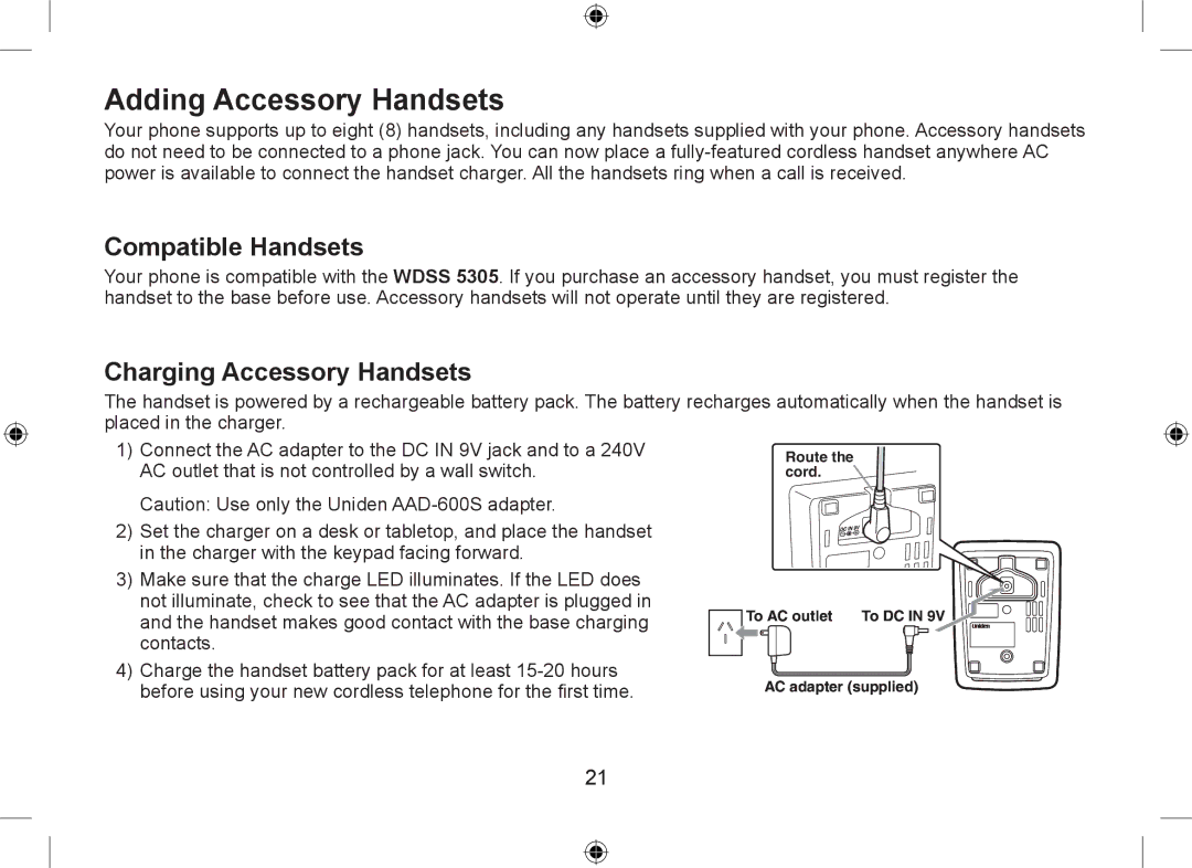 Uniden WDSS 5315 owner manual Adding Accessory Handsets, Compatible Handsets, Charging Accessory Handsets 