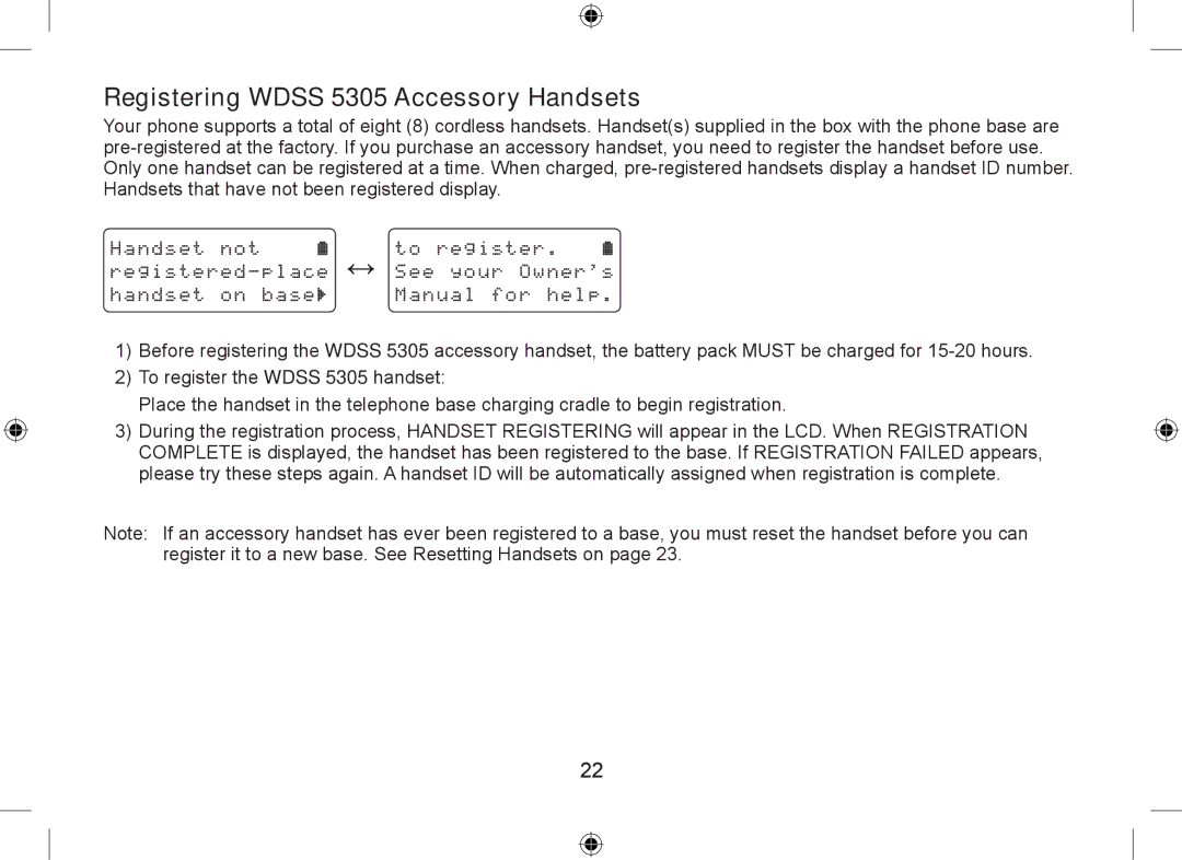 Uniden WDSS 5315 owner manual Registering Wdss 5305 Accessory Handsets 