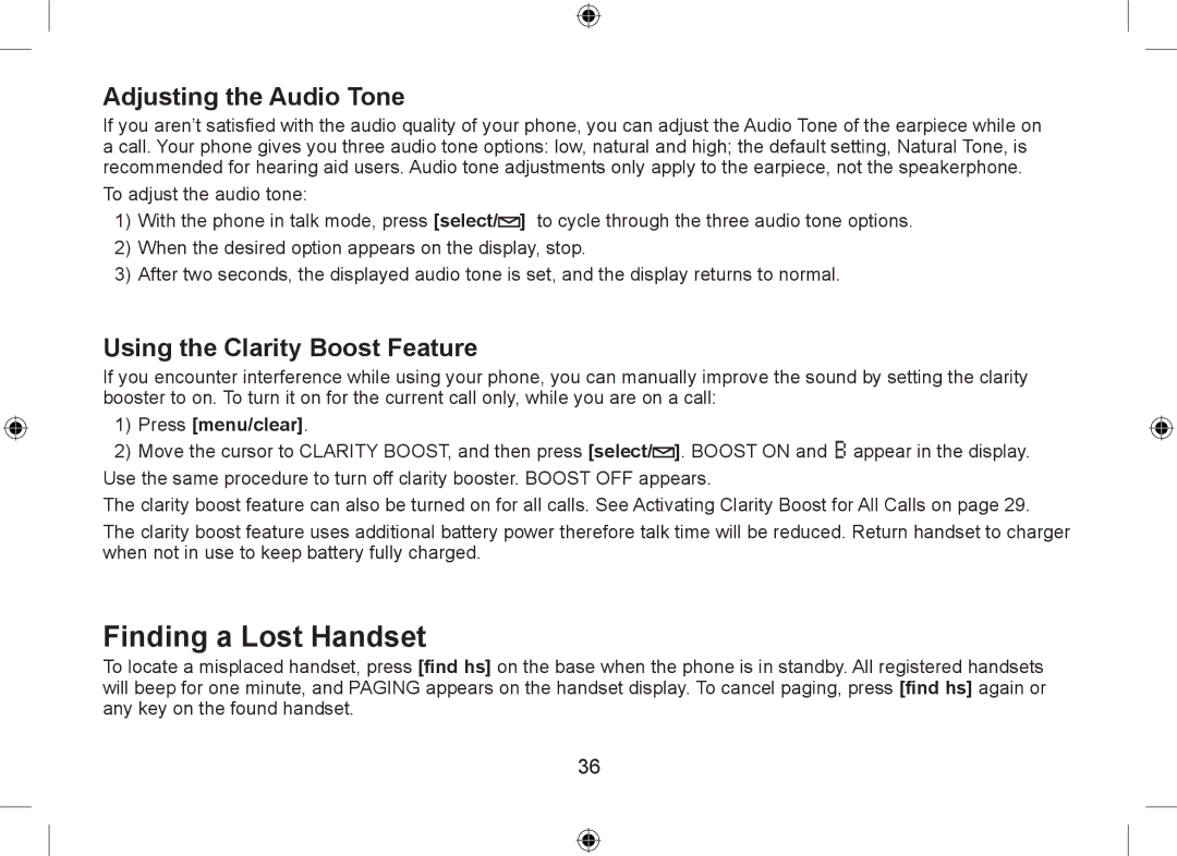 Uniden WDSS 5315 owner manual Finding a Lost Handset, Adjusting the Audio Tone, Using the Clarity Boost Feature 