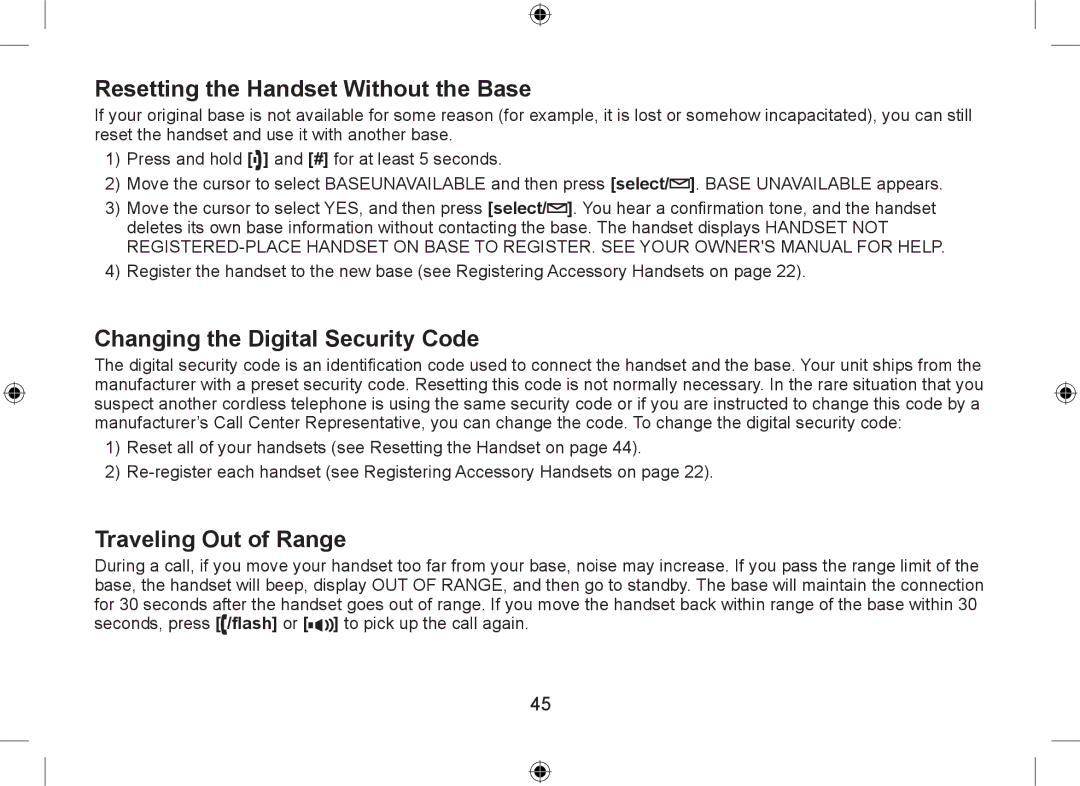 Uniden WDSS 5315 Resetting the Handset Without the Base, Changing the Digital Security Code, Traveling Out of Range 