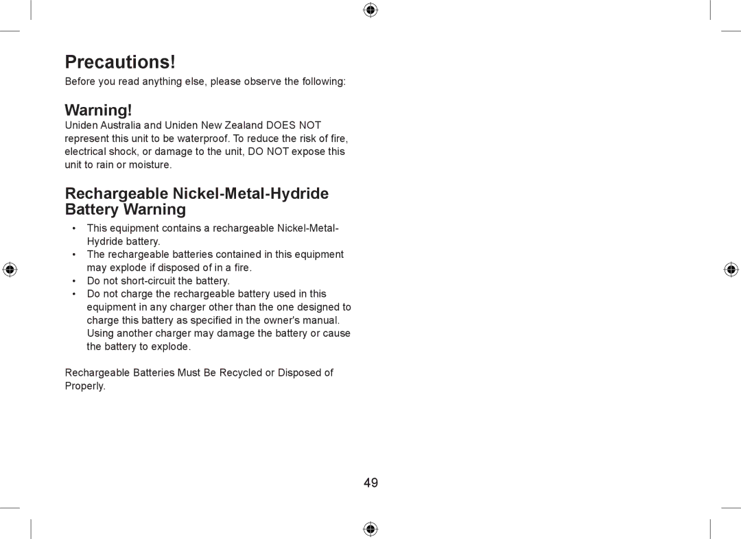 Uniden WDSS 5315 owner manual Precautions, Rechargeable Nickel-Metal-Hydride Battery Warning 