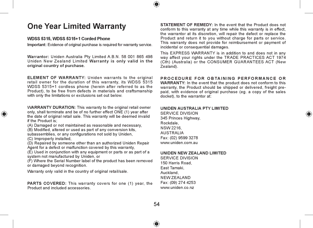 Uniden WDSS 5315 owner manual One Year Limited Warranty, Wdss 5315, Wdss 5315+1 Corded Phone 