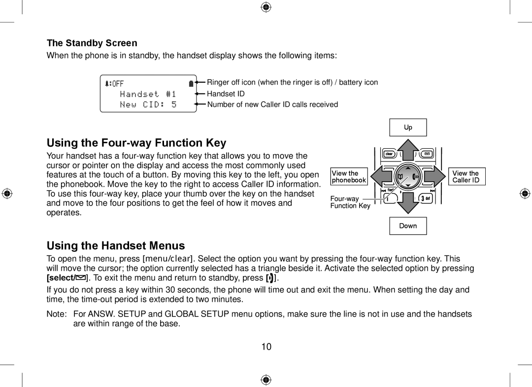 Uniden WDSS 5335, WDSS 5335 owner manual Using the Four-way Function Key, Using the Handset Menus 