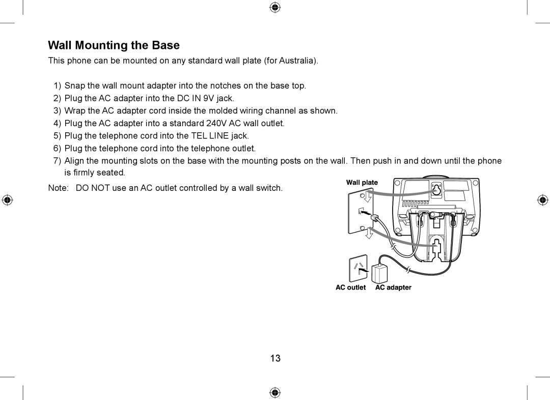 Uniden WDSS 5335, WDSS 5335 owner manual Wall Mounting the Base 