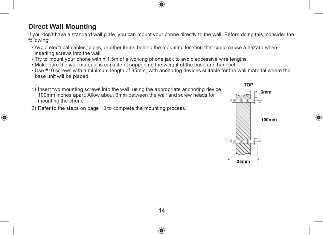 Uniden WDSS 5335, WDSS 5335 owner manual Direct Wall Mounting 