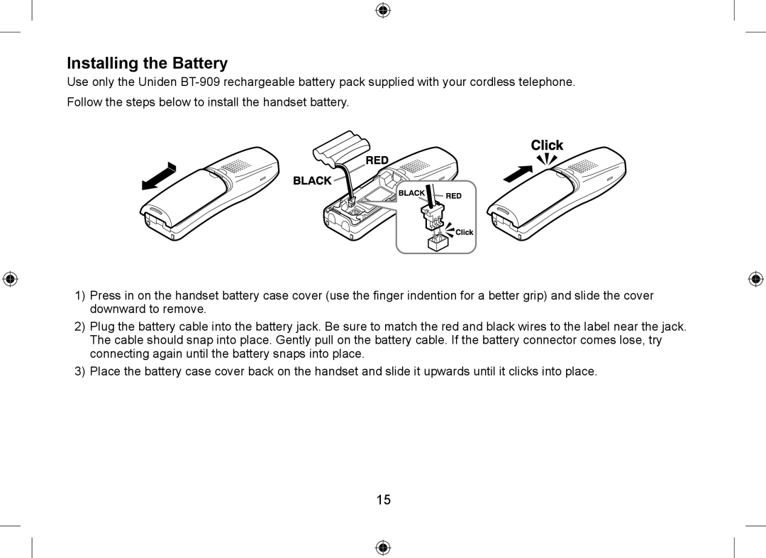 Uniden WDSS 5335, WDSS 5335 owner manual Installing the Battery 