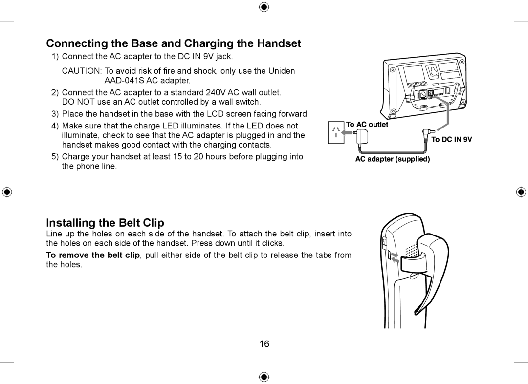 Uniden WDSS 5335, WDSS 5335 owner manual Connecting the Base and Charging the Handset, Installing the Belt Clip 