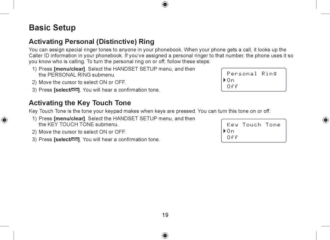 Uniden WDSS 5335, WDSS 5335 owner manual Basic Setup, Activating Personal Distinctive Ring, Activating the Key Touch Tone 