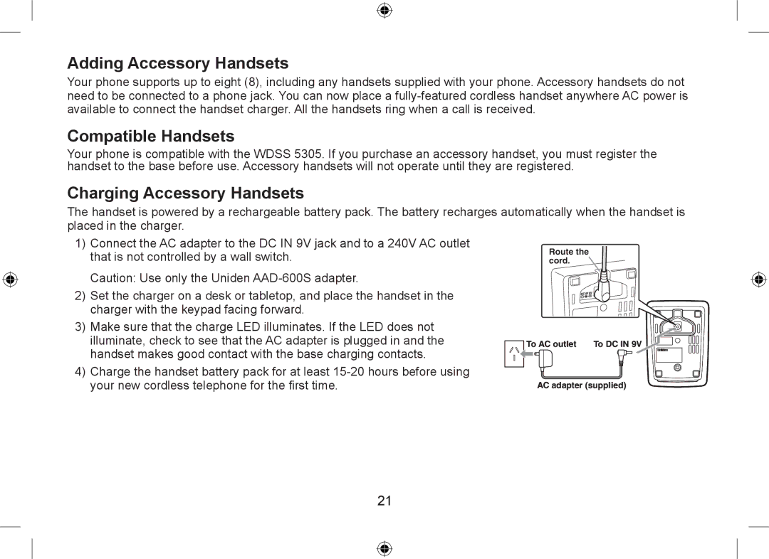 Uniden WDSS 5335, WDSS 5335 owner manual Adding Accessory Handsets, Compatible Handsets, Charging Accessory Handsets 