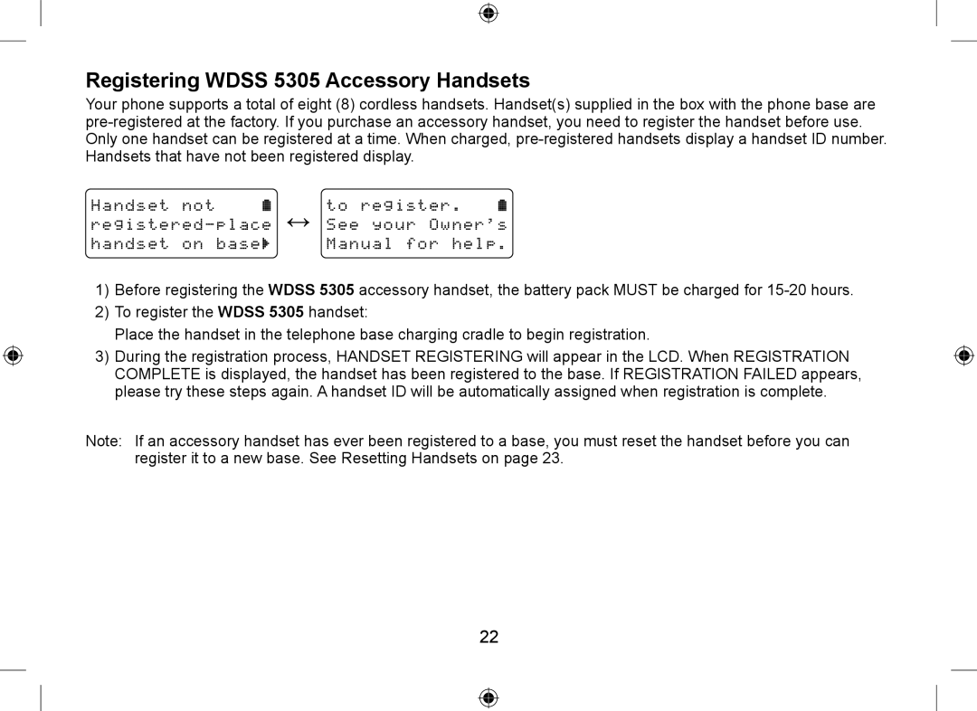 Uniden WDSS 5335, WDSS 5335 owner manual Registering Wdss 5305 Accessory Handsets 