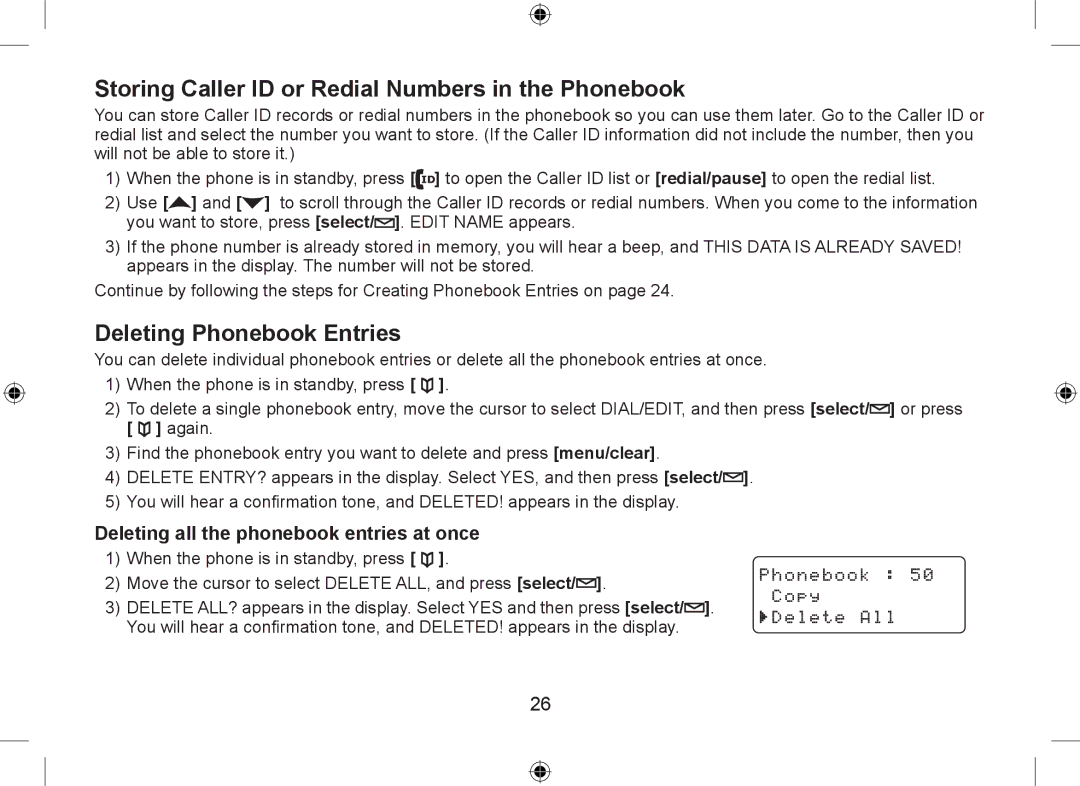 Uniden WDSS 5335, WDSS 5335 Storing Caller ID or Redial Numbers in the Phonebook, Deleting Phonebook Entries 