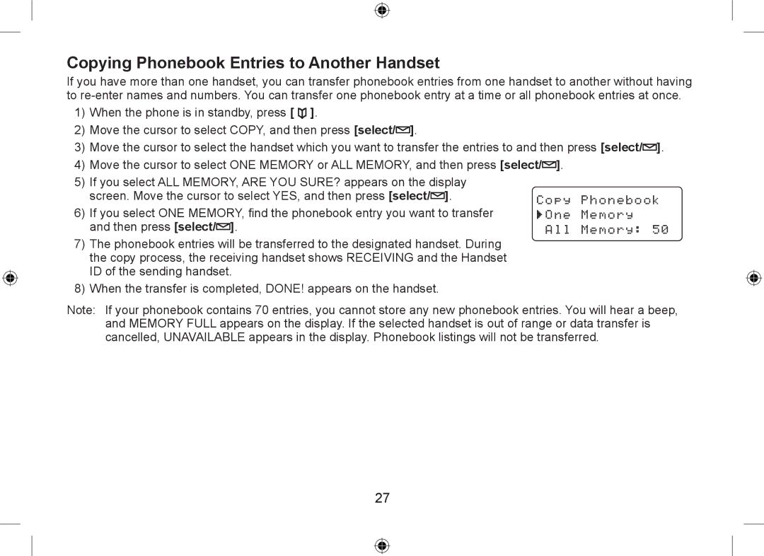 Uniden WDSS 5335, WDSS 5335 owner manual Copying Phonebook Entries to Another Handset 