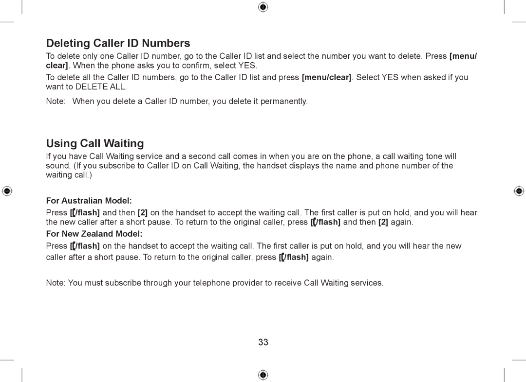 Uniden WDSS 5335, WDSS 5335 Deleting Caller ID Numbers, Using Call Waiting, For Australian Model, For New Zealand Model 