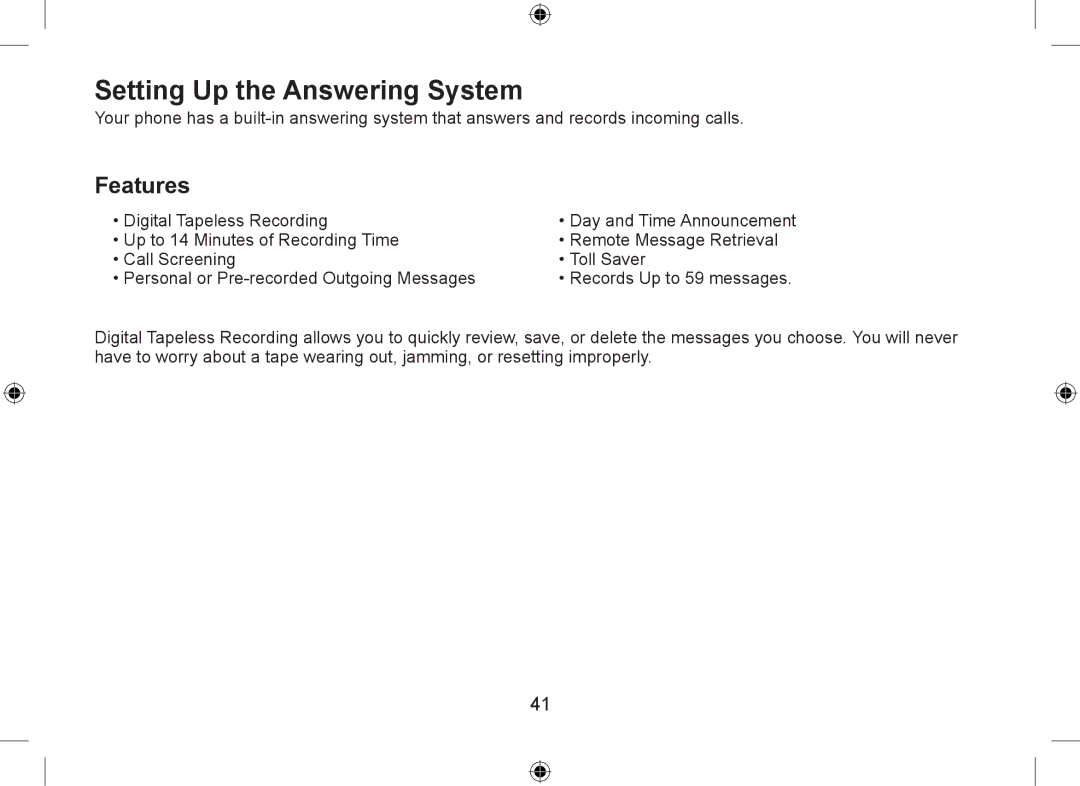 Uniden WDSS 5335, WDSS 5335 owner manual Setting Up the Answering System, Features 