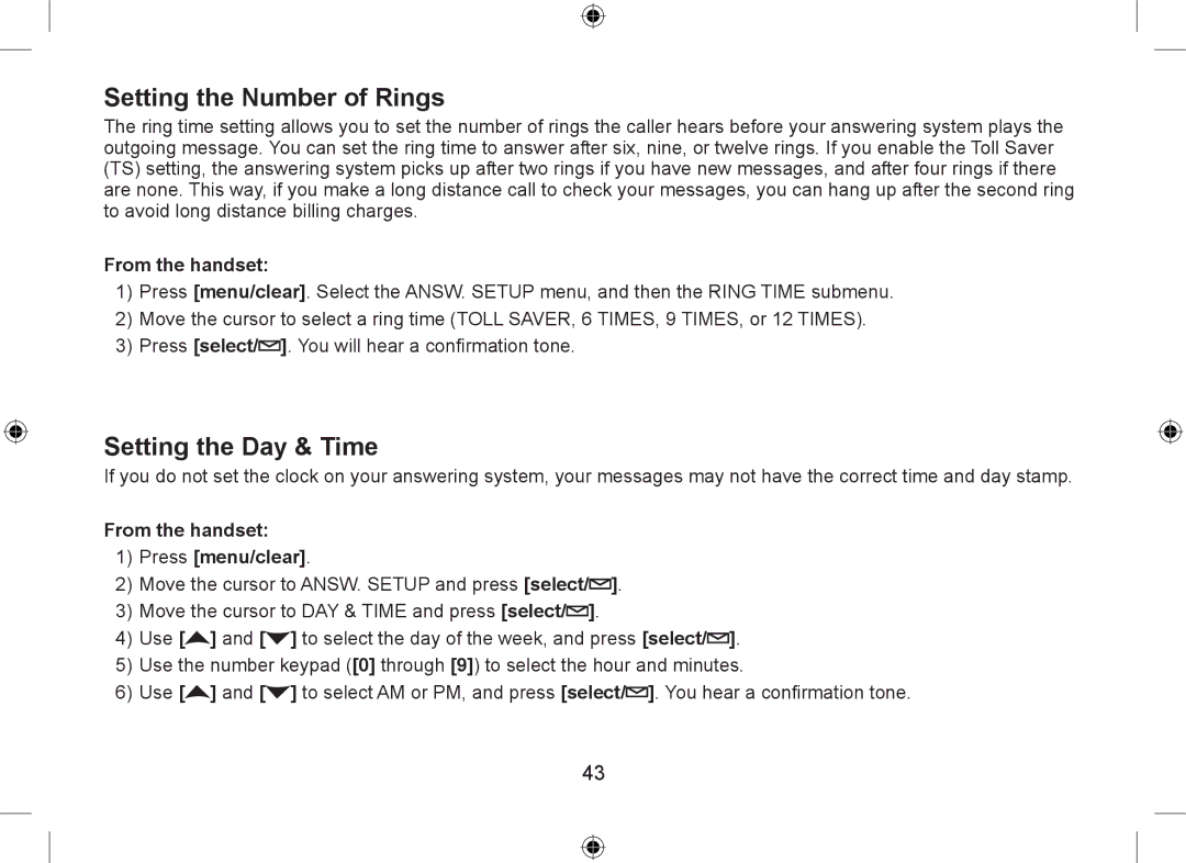 Uniden WDSS 5335, WDSS 5335 owner manual Setting the Number of Rings, Setting the Day & Time 