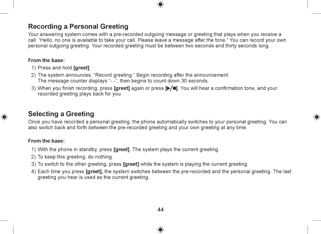 Uniden WDSS 5335, WDSS 5335 owner manual Recording a Personal Greeting, Selecting a Greeting, From the base 