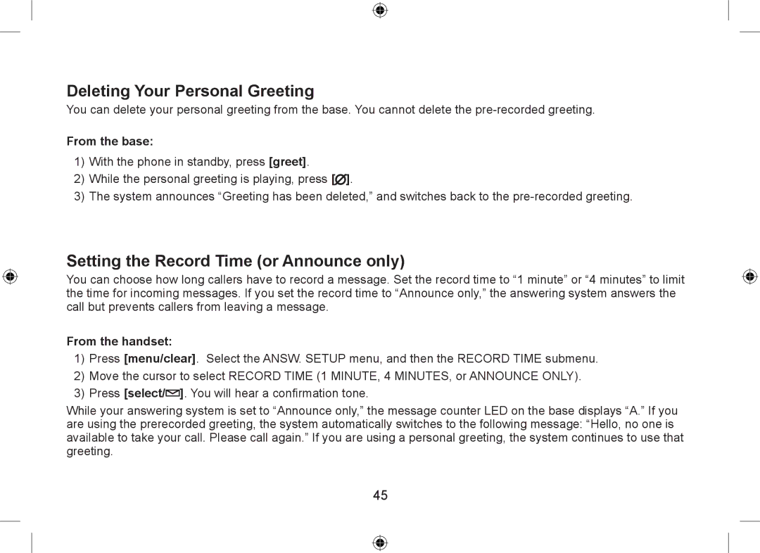 Uniden WDSS 5335, WDSS 5335 owner manual Deleting Your Personal Greeting, Setting the Record Time or Announce only 