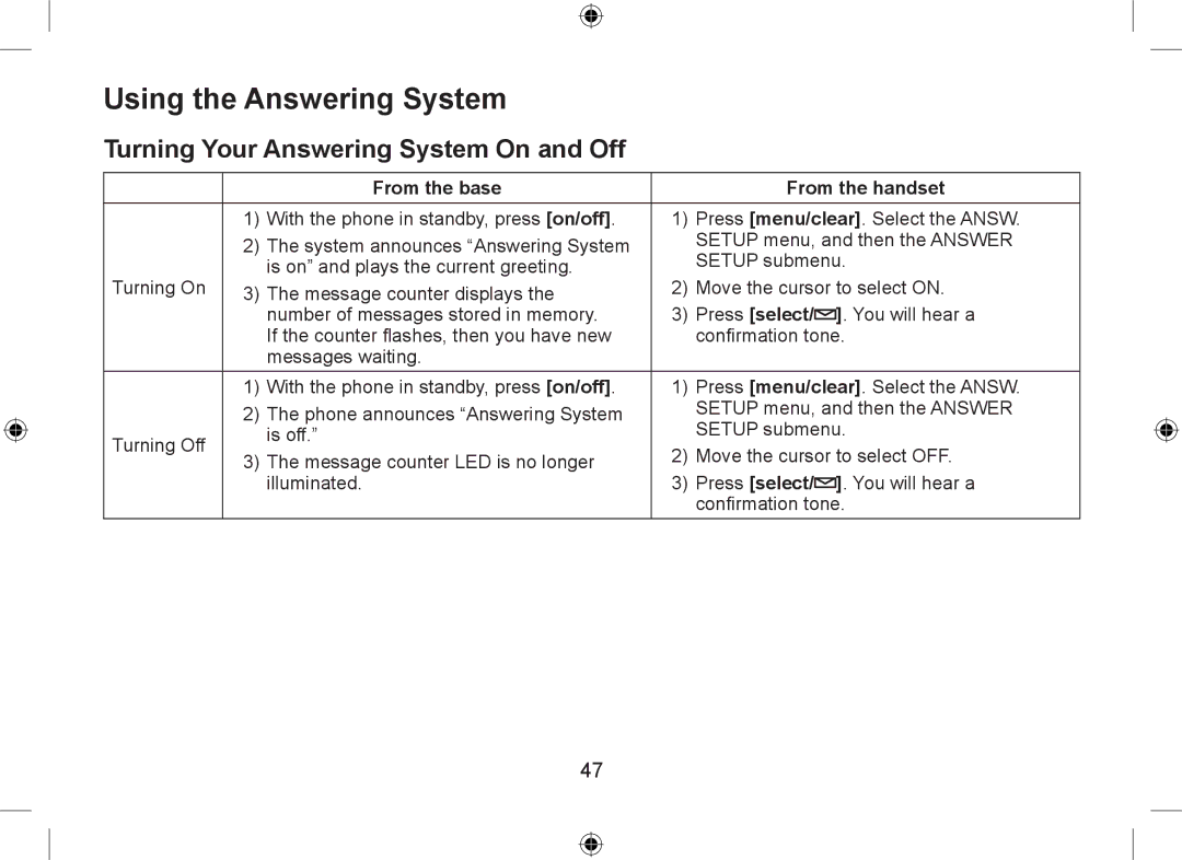 Uniden WDSS 5335, WDSS 5335 owner manual Using the Answering System, Turning Your Answering System On and Off 