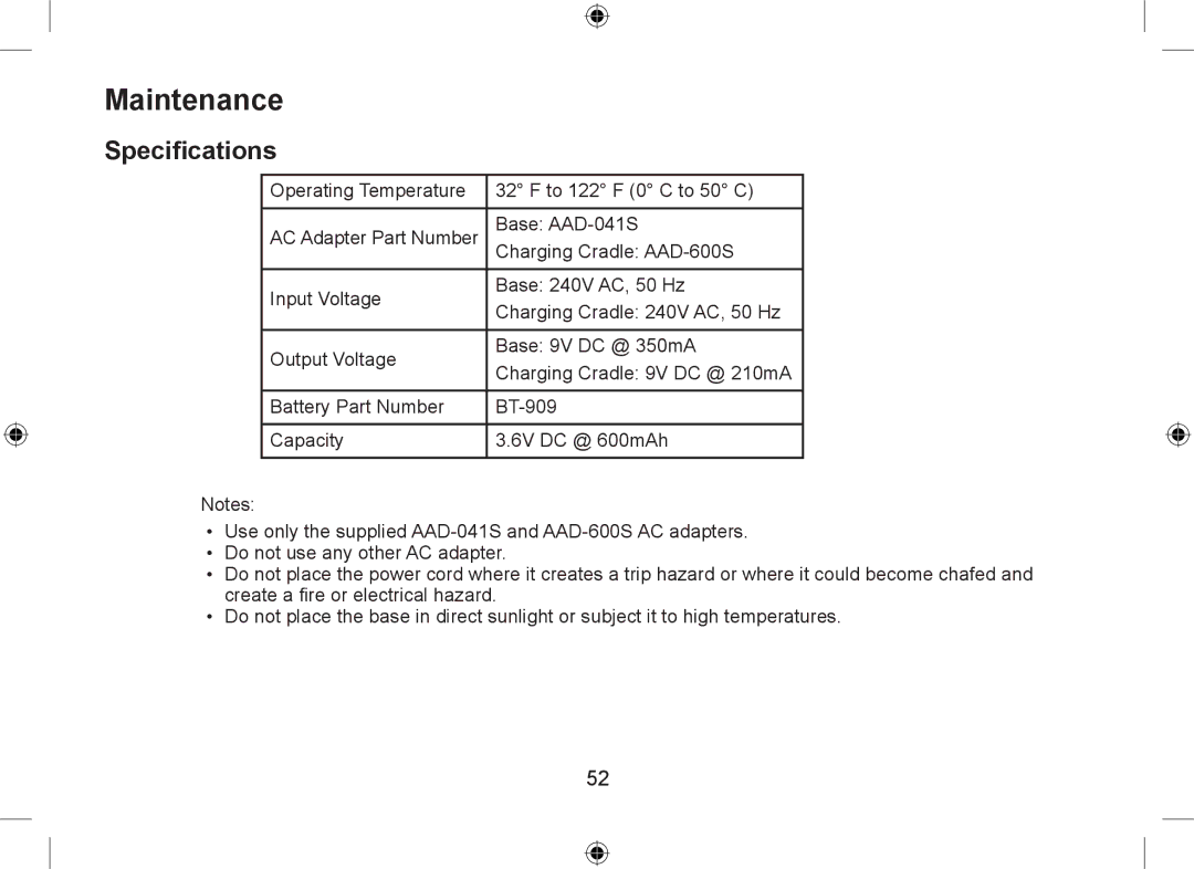 Uniden WDSS 5335, WDSS 5335 owner manual Maintenance, Specifications 