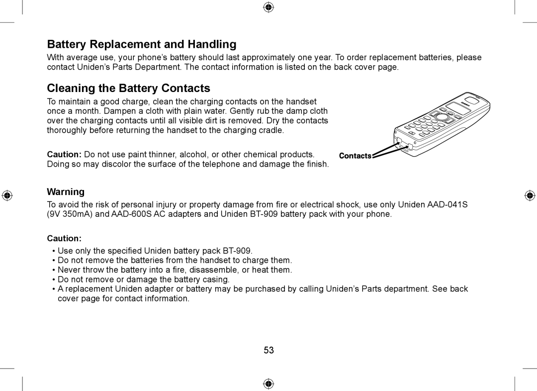 Uniden WDSS 5335, WDSS 5335 owner manual Battery Replacement and Handling, Cleaning the Battery Contacts 