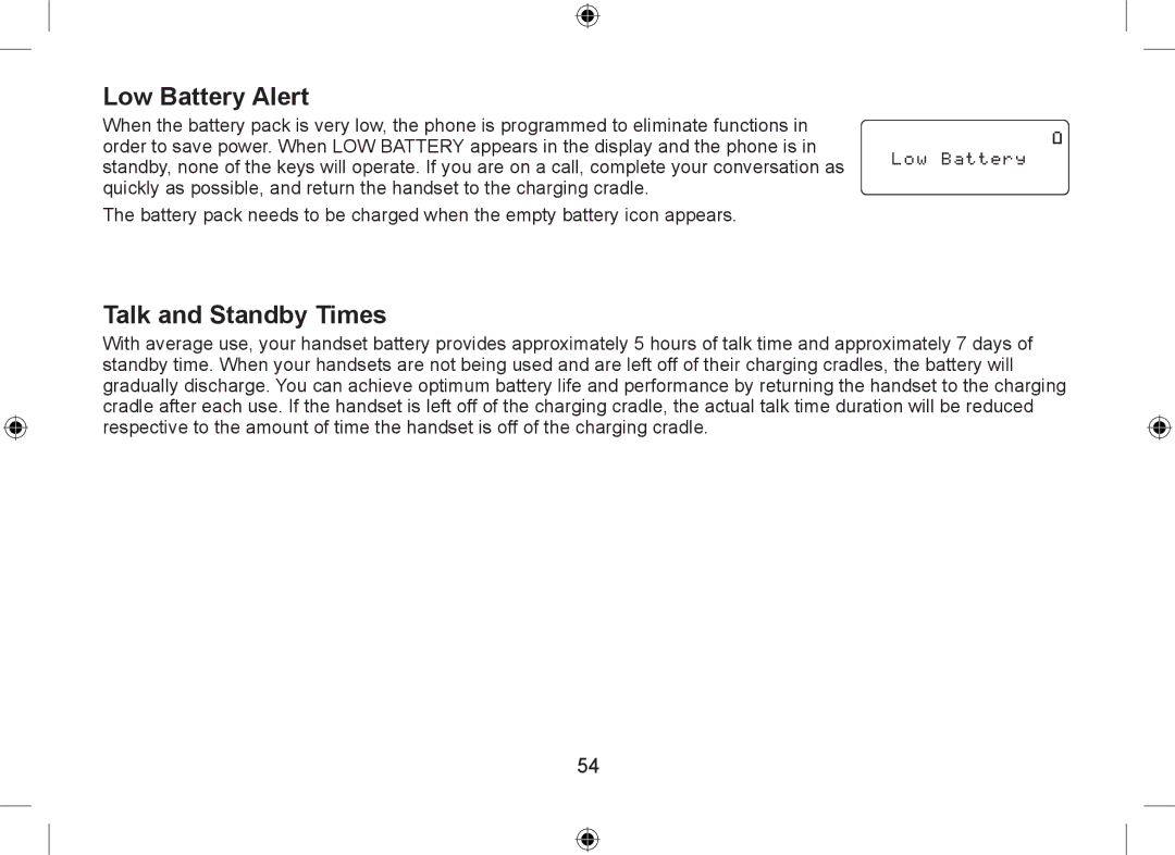 Uniden WDSS 5335, WDSS 5335 owner manual Low Battery Alert, Talk and Standby Times 