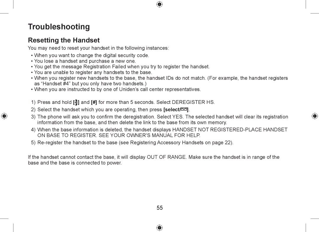 Uniden WDSS 5335, WDSS 5335 owner manual Troubleshooting, Resetting the Handset 