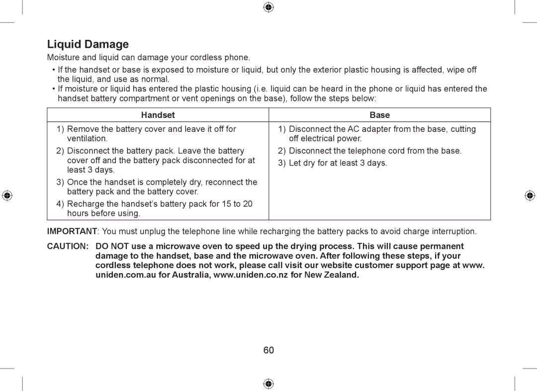 Uniden WDSS 5335, WDSS 5335 owner manual Liquid Damage, Handset Base 