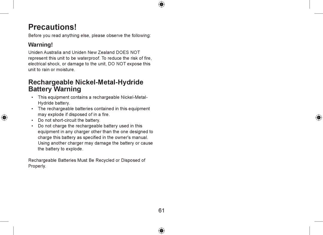 Uniden WDSS 5335, WDSS 5335 owner manual Precautions, Rechargeable Nickel-Metal-Hydride Battery Warning 