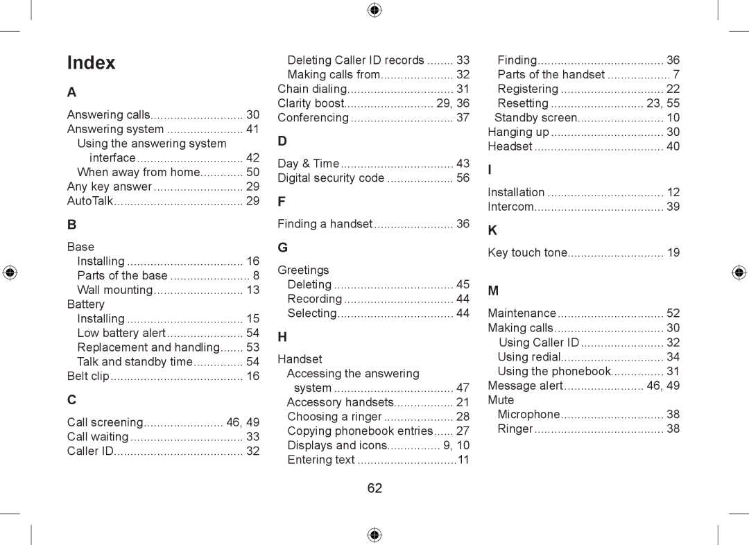 Uniden WDSS 5335, WDSS 5335 owner manual Index, Handset Accessing the answering 