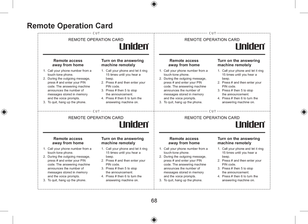 Uniden WDSS 5335, WDSS 5335 owner manual Remote Operation Card 