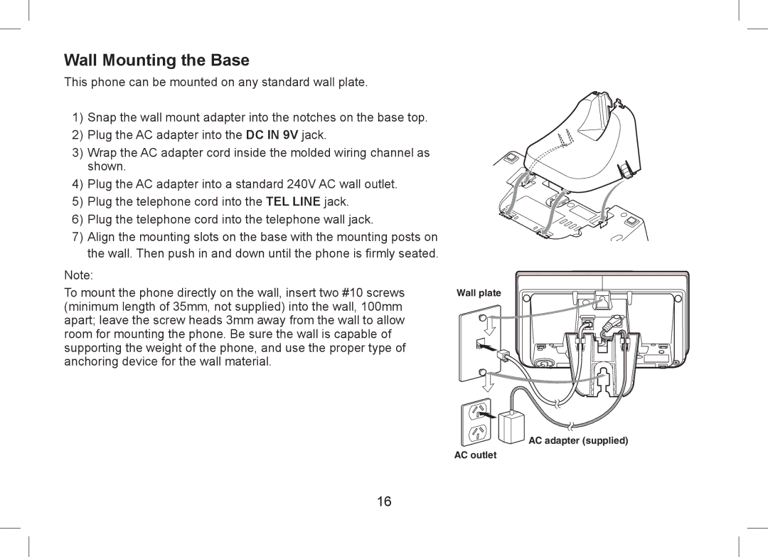 Uniden WDSS 5355+2, WDSS 5355+1 owner manual Wall Mounting the Base 