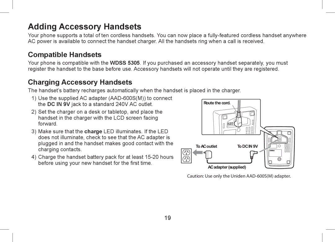 Uniden WDSS 5355+2, WDSS 5355+1 owner manual Adding Accessory Handsets, Compatible Handsets, Charging Accessory Handsets 