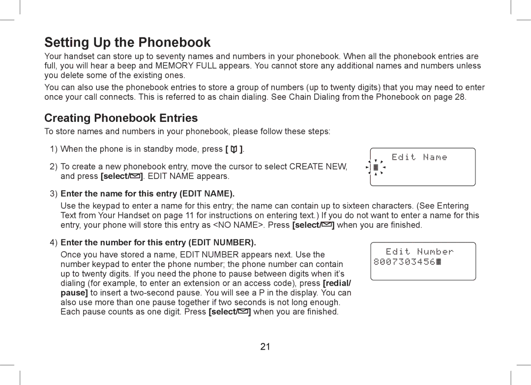 Uniden WDSS 5355+1 Setting Up the Phonebook, Creating Phonebook Entries, Enter the name for this entry Edit Name 