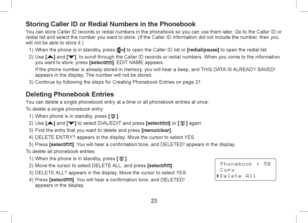 Uniden WDSS 5355+1, WDSS 5355+2 Storing Caller ID or Redial Numbers in the Phonebook, Deleting Phonebook Entries 