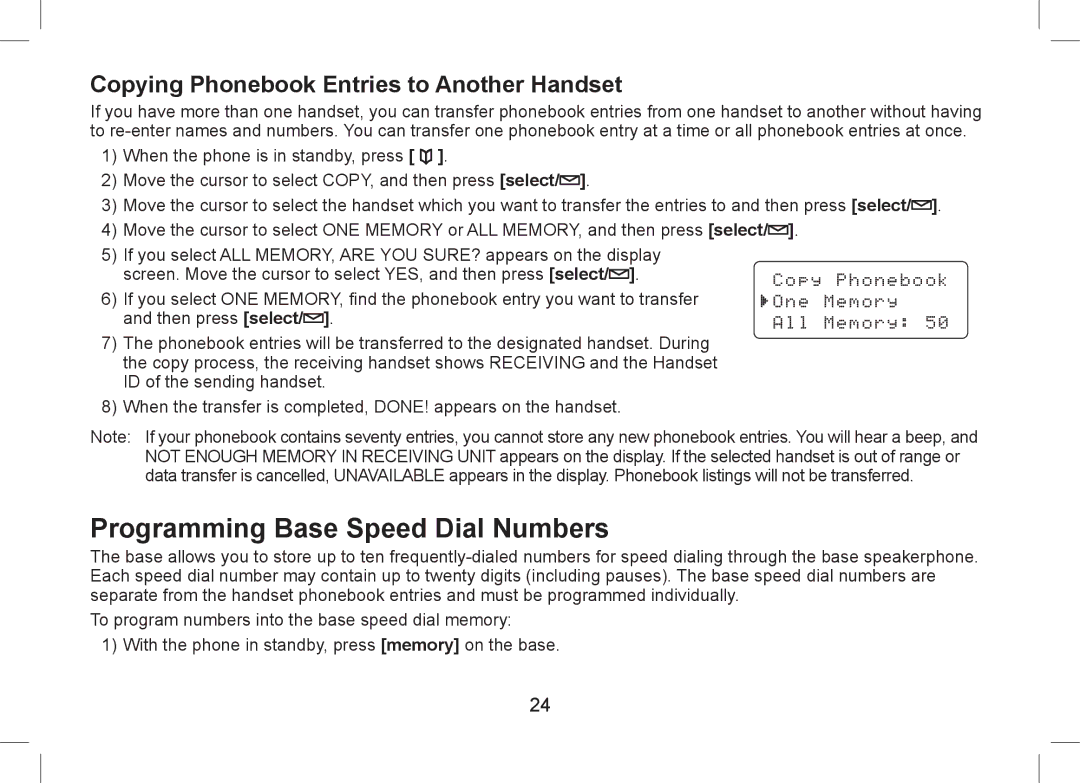 Uniden WDSS 5355+1, WDSS 5355+2 Programming Base Speed Dial Numbers, Copying Phonebook Entries to Another Handset 