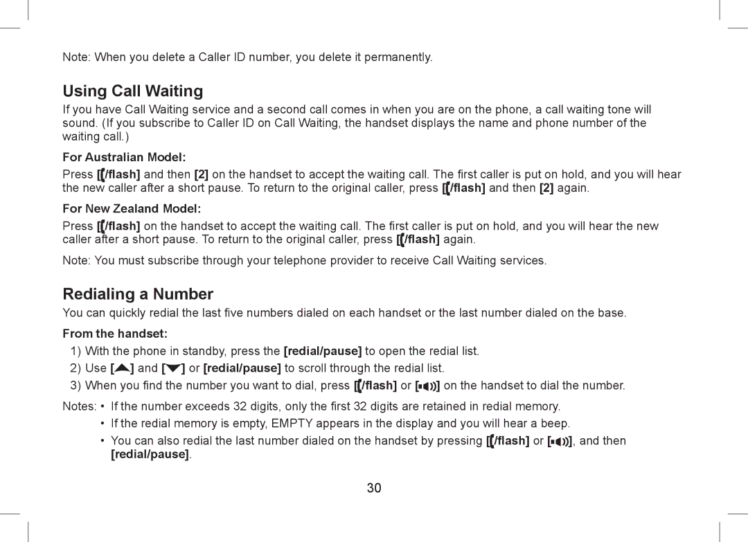 Uniden WDSS 5355+1 Using Call Waiting, Redialing a Number, For Australian Model, For New Zealand Model, From the handset 