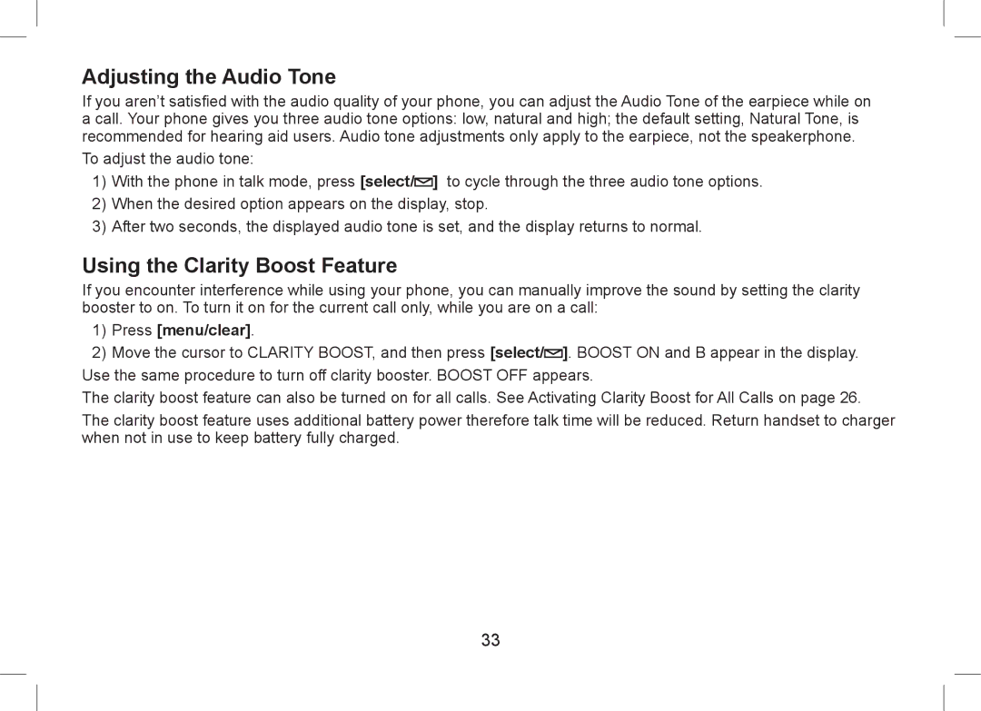 Uniden WDSS 5355+1, WDSS 5355+2 owner manual Adjusting the Audio Tone, Using the Clarity Boost Feature 