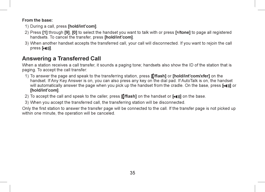 Uniden WDSS 5355+1, WDSS 5355+2 owner manual Answering a Transferred Call, From the base 