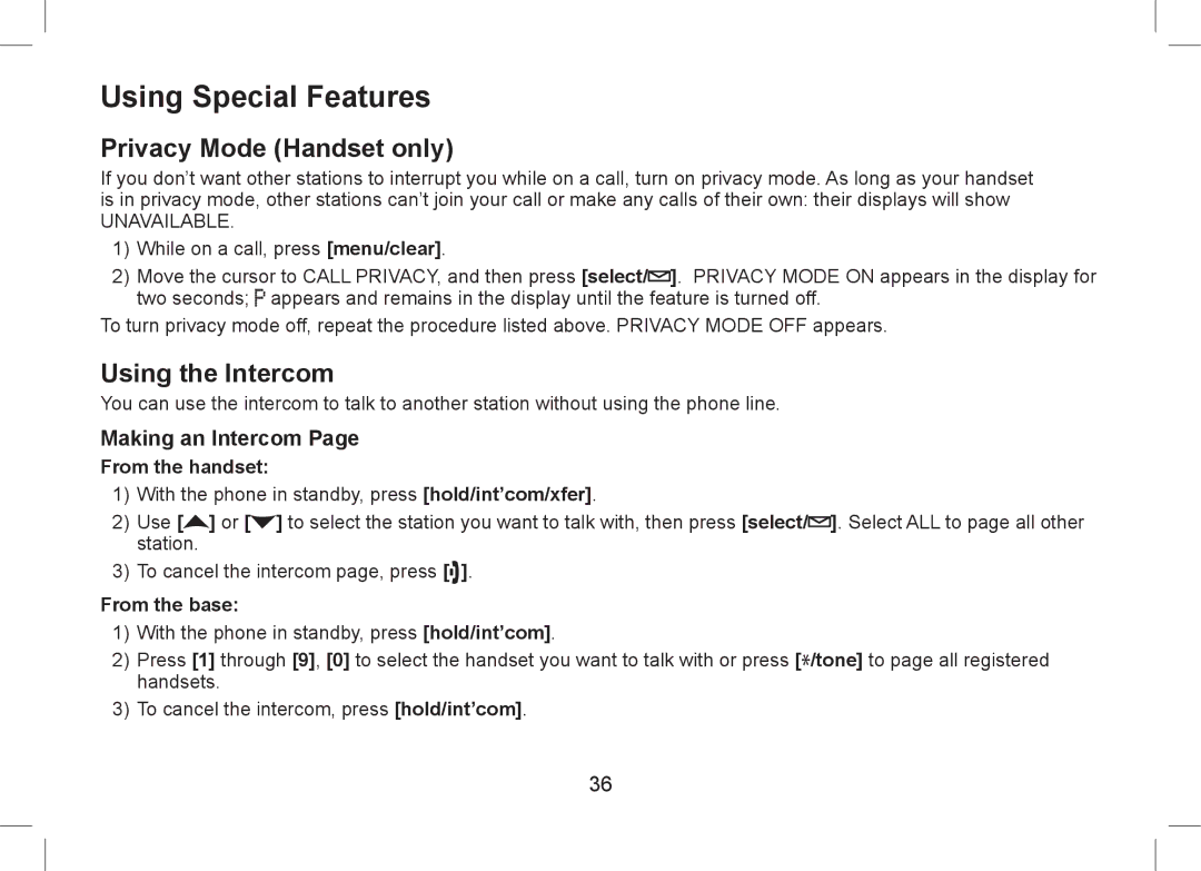 Uniden WDSS 5355+1, WDSS 5355+2 owner manual Using Special Features, Privacy Mode Handset only, Using the Intercom 