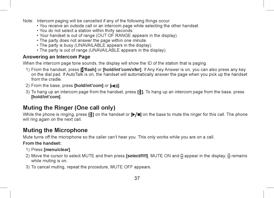 Uniden WDSS 5355+2, WDSS 5355+1 Muting the Ringer One call only, Muting the Microphone, From the handset Press menu/clear 