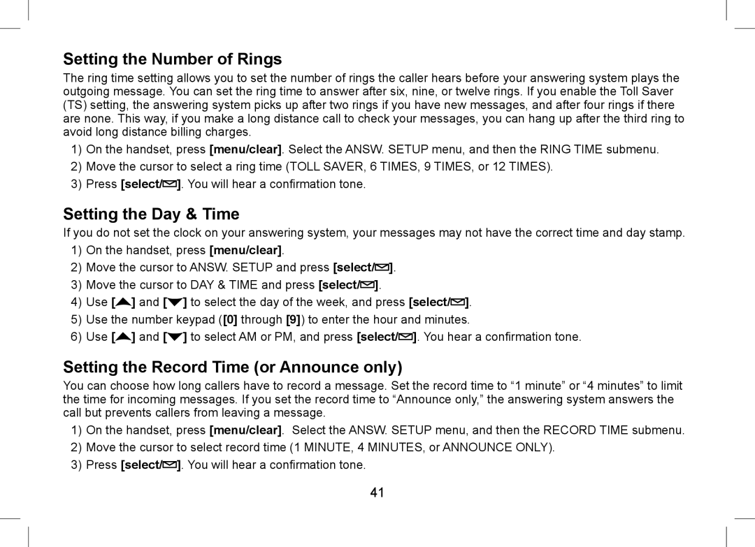 Uniden WDSS 5355 owner manual Setting the Number of Rings, Setting the Day & Time, Setting the Record Time or Announce only 