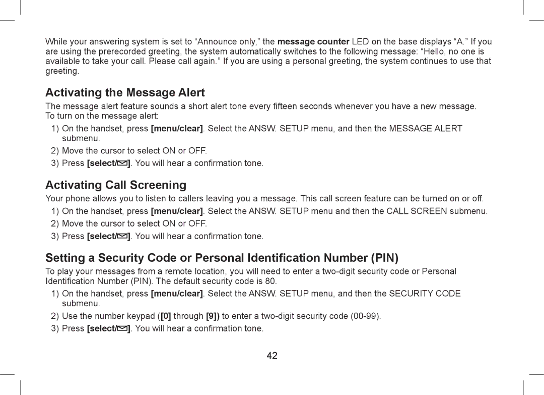 Uniden WDSS 5355+1, WDSS 5355+2 owner manual Activating the Message Alert, Activating Call Screening 