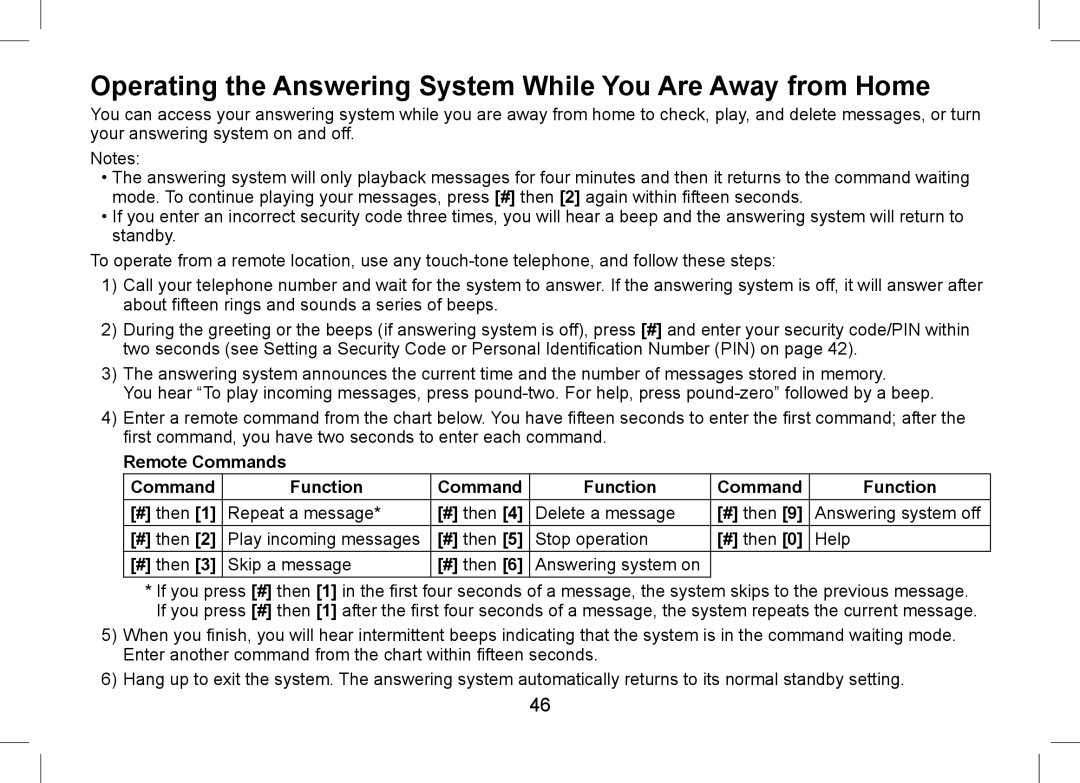 Uniden WDSS 5355+2, WDSS 5355+1 owner manual Operating the Answering System While You Are Away from Home 