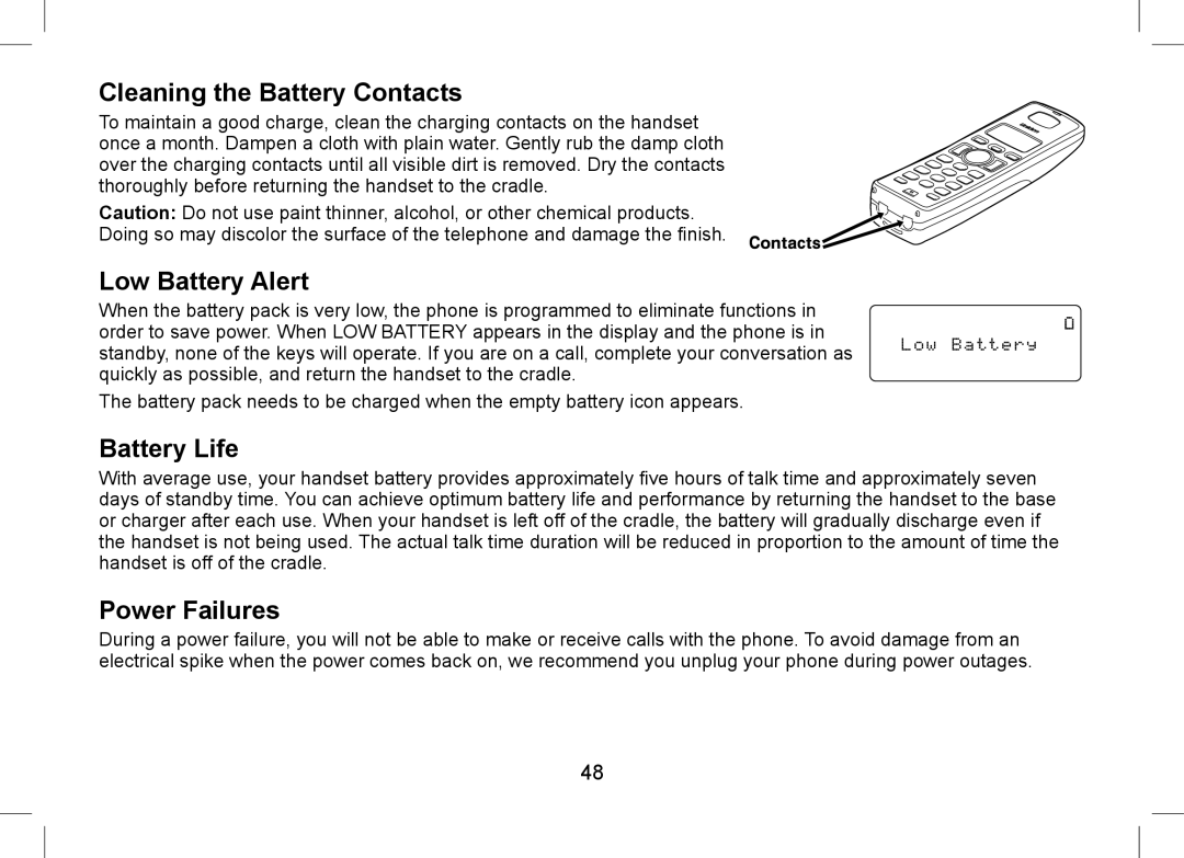 Uniden WDSS 5355+1, WDSS 5355+2 owner manual Cleaning the Battery Contacts, Low Battery Alert, Battery Life, Power Failures 