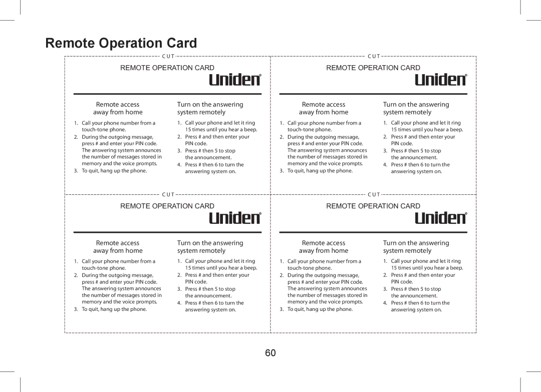 Uniden WDSS 5355+1, WDSS 5355+2 owner manual Remote Operation Card 