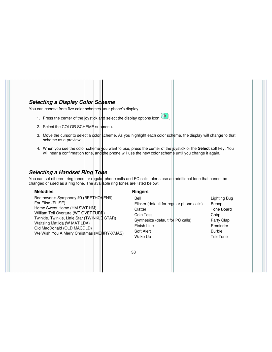 Uniden WIN1200 owner manual Selecting a Display Color Scheme, Selecting a Handset Ring Tone, Melodies, Ringers 